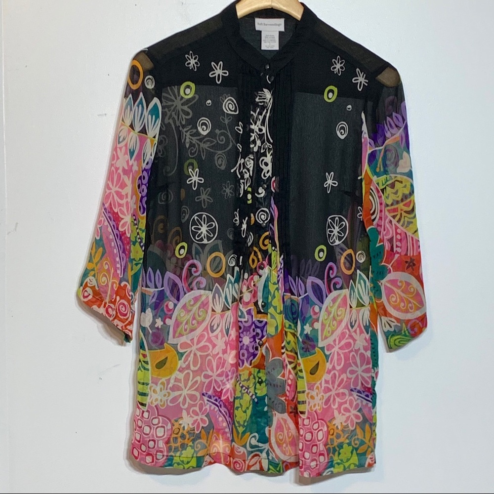 EUC Boho Sheer Floral Button Front‎ Blouse